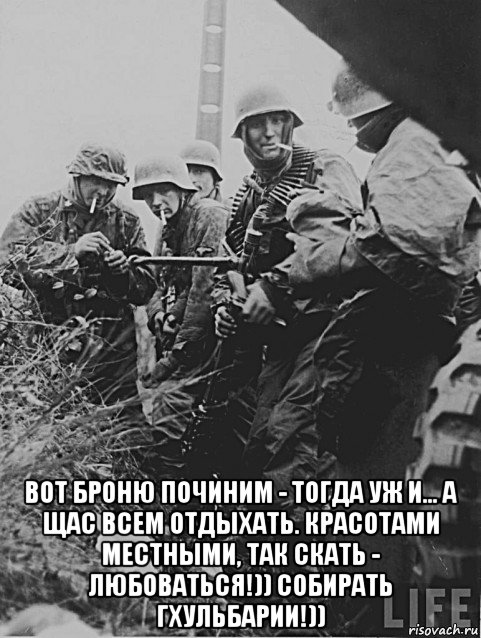  вот броню починим - тогда уж и... а щас всем отдыхать. красотами местными, так скать - любоваться!)) собирать гхульбарии!)), Мем Немецкие солдаты