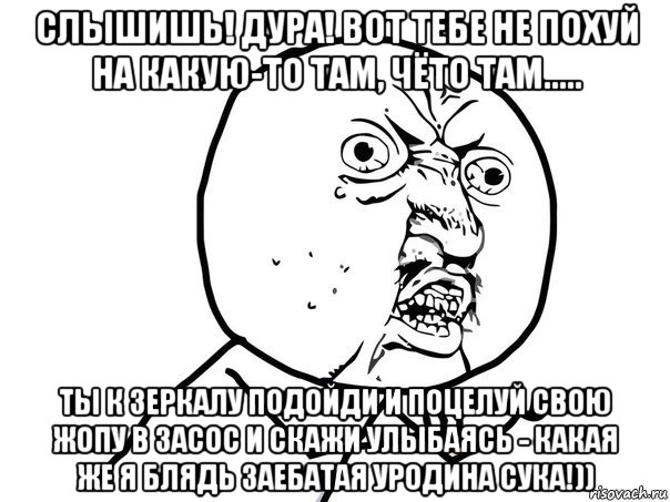 слышишь! дура! вот тебе не похуй на какую-то там, чёто там..... ты к зеркалу подойди и поцелуй свою жопу в засос и скажи улыбаясь - какая же я блядь заебатая уродина сука!)), Мем Ну почему (белый фон)