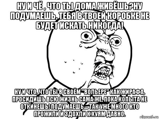 ну и чё , что ты дома живёшь?ну подумаешь, тебя в твоей коробке не будет искать никогда! ну и что, что ты в своём "вольере" как жирафа, просидишь всю жизнь сама же, пока копыта не откинешь! подумаешь.... так уже много кто прожили и здохли к хуям давно., Мем Ну почему (белый фон)