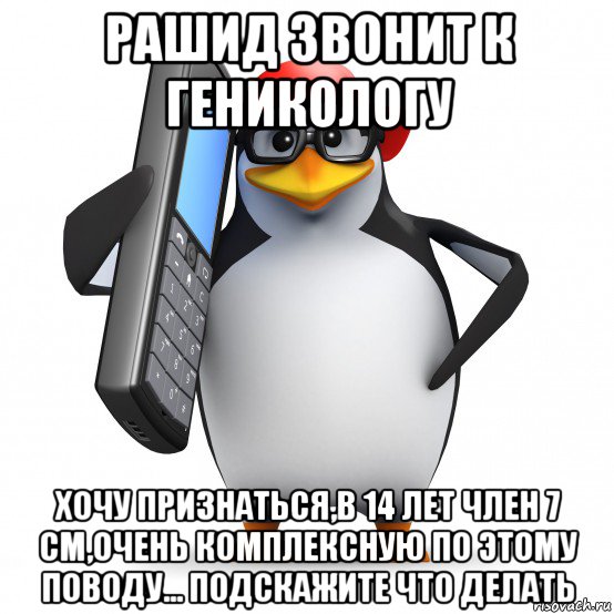 рашид звонит к геникологу хочу признаться,в 14 лет член 7 см,очень комплексную по этому поводу... подскажите что делать, Мем   Пингвин звонит