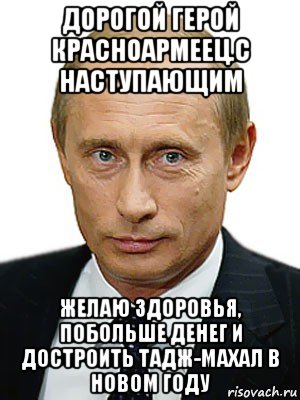 дорогой герой красноармеец.с наступающим желаю здоровья, побольше денег и достроить тадж-махал в новом году, Мем Путин