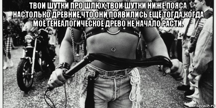 твои шутки про шлюх,твои шутки ниже пояса настолько древние,что они появились ещё тогда,когда моё генеалогическое древо не начало расти. 