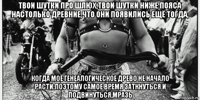 твои шутки про шлюх,твои шутки ниже пояса настолько древние,что они появились ещё тогда, когда моё генеалогическое древо не начало расти.поэтому самое время заткнуться и подвинуться,мразь