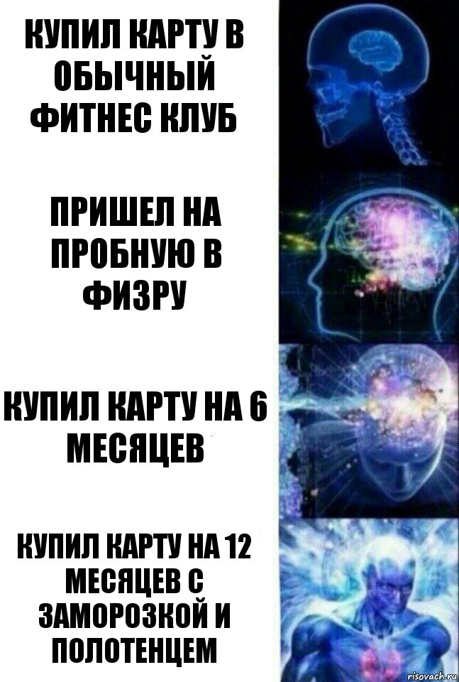 Купил карту в обычный фитнес клуб Пришел на пробную в Физру Купил карту на 6 месяцев Купил карту на 12 месяцев с заморозкой и полотенцем, Комикс  Сверхразум