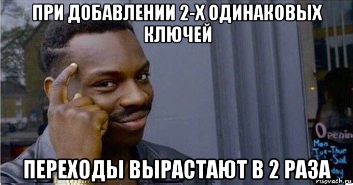 при добавлении 2-х одинаковых ключей переходы вырастают в 2 раза