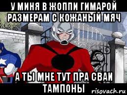 у миня в жоппи гимарой размерам с кожаный мяч а ты мне тут пра сваи тампоны, Мем Человек муравей
