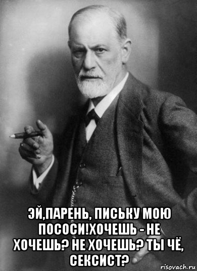  эй,парень, письку мою пососи!хочешь - не хочешь? не хочешь? ты чё, сексист?, Мем    Фрейд