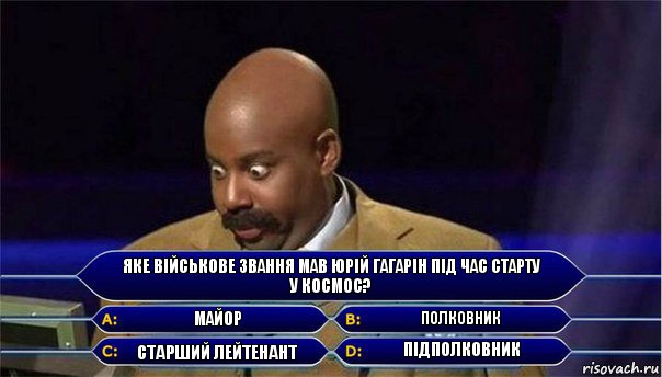 Яке військове звання мав Юрій Гагарін під час старту
у космос? Майор Полковник Старший лейтенант Пiдполковник, Комикс      Кто хочет стать миллионером