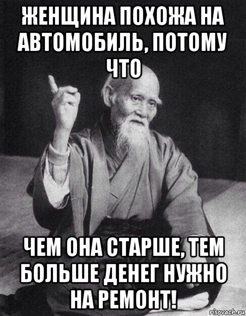 женщина похожа на автомобиль, потому что чем она старше, тем больше денег нужно на ремонт!, Мем Монах-мудрец (сэнсей)