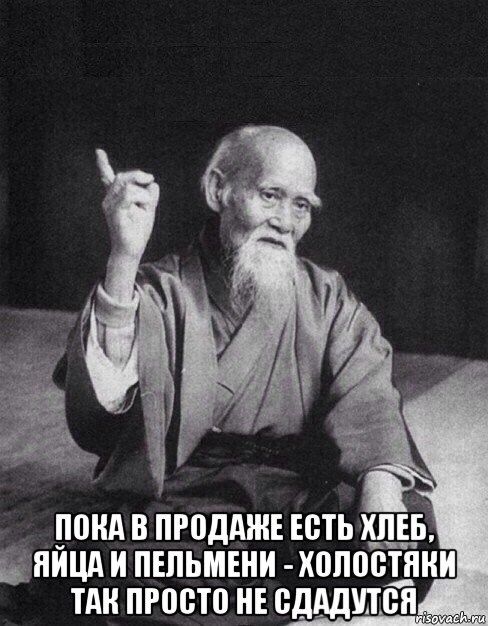  пока в продаже есть хлеб, яйца и пельмени - холостяки так просто не сдадутся, Мем Монах-мудрец (сэнсей)