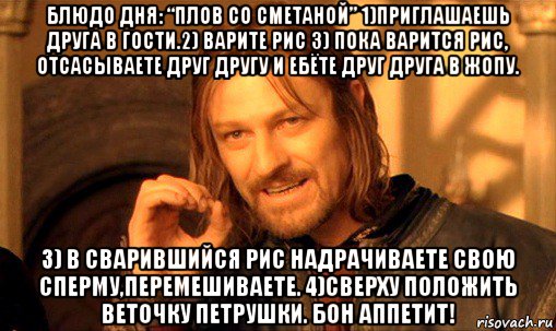 блюдо дня: “плов со сметаной” 1)приглашаешь друга в гости.2) варите рис 3) пока варится рис, отсасываете друг другу и ебёте друг друга в жопу. 3) в сварившийся рис надрачиваете свою сперму,перемешиваете. 4)сверху положить веточку петрушки. бон аппетит!, Мем Нельзя просто так взять и (Боромир мем)