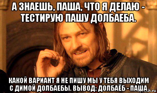 а знаешь, паша, что я делаю - тестирую пашу долбаеба. какой вариант я не пишу мы у тебя выходим с димой долбаебы. вывод: долбаёб - паша, Мем Нельзя просто так взять и (Боромир мем)