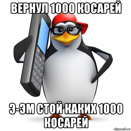 вернул 1000 косарей э-эм стой каких 1000 косарей, Мем   Пингвин звонит