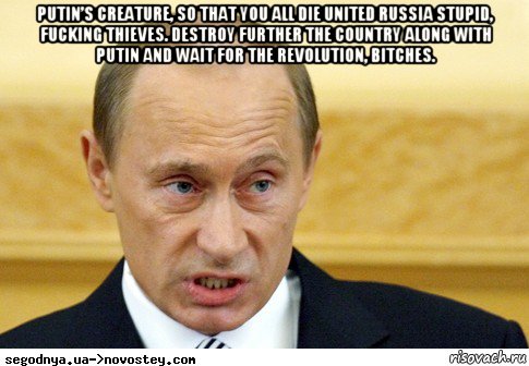 putin’s creature, so that you all die united russia stupid, fucking thieves. destroy further the country along with putin and wait for the revolution, bitches. 