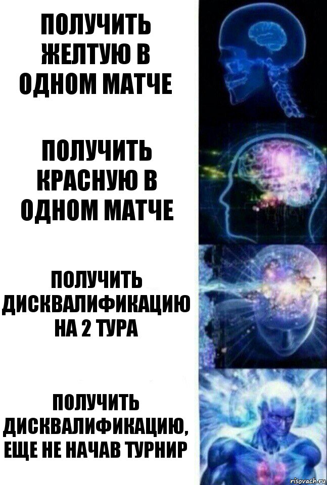 Получить желтую в одном матче Получить красную в одном матче Получить дисквалификацию на 2 тура Получить дисквалификацию, еще не начав турнир, Комикс  Сверхразум