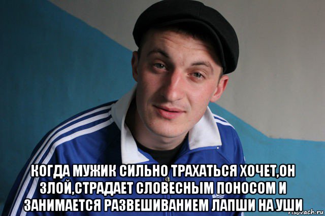  когда мужик сильно трахаться хочет,он злой,страдает словесным поносом и занимается развешиванием лапши на уши, Мем Типичный гопник