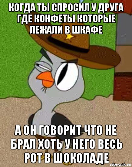 когда ты спросил у друга где конфеты которые лежали в шкафе а он говорит что не брал хоть у него весь рот в шоколаде, Мем    Упоротая сова