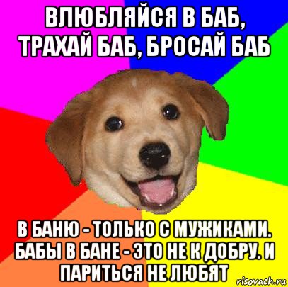 влюбляйся в баб, трахай баб, бросай баб в баню - только с мужиками. бабы в бане - это не к добру. и париться не любят, Мем Advice Dog