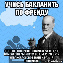 учись бакланить по фрейду я честно говоря не понимаю фразы "не вписался в рынок"!!!а вот фразу "и в хуй невписался" вот такие фразы я понимаю., Мем Doc