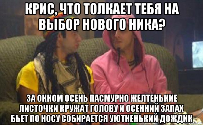 крис, что толкает тебя на выбор нового ника? за окном осень пасмурно желтенькие листочки кружат голову и осенний запах бьет по носу собирается уютненький дождик