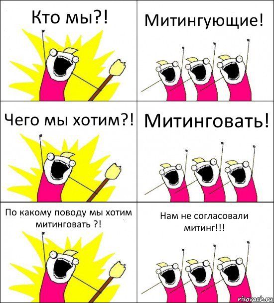 Кто мы?! Митингующие! Чего мы хотим?! Митинговать! По какому поводу мы хотим митинговать ?! Нам не согласовали митинг!!!