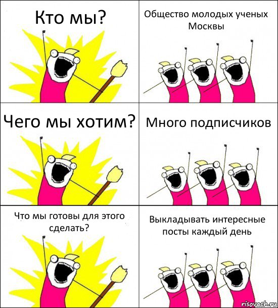 Кто мы? Общество молодых ученых Москвы Чего мы хотим? Много подписчиков Что мы готовы для этого сделать? Выкладывать интересные посты каждый день