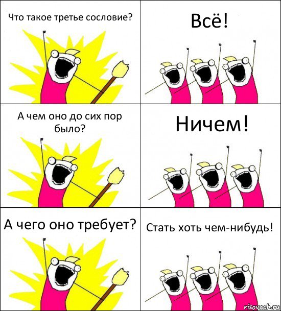 Что такое третье сословие? Всё! А чем оно до сих пор было? Ничем! А чего оно требует? Стать хоть чем-нибудь!