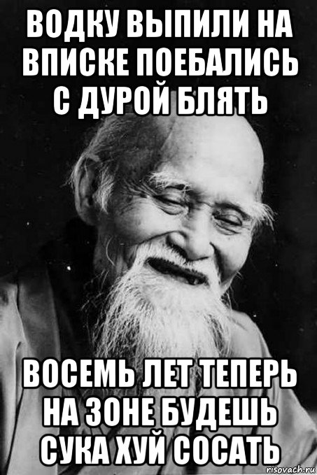 водку выпили на вписке поебались с дурой блять восемь лет теперь на зоне будешь сука хуй сосать, Мем мудрец улыбается