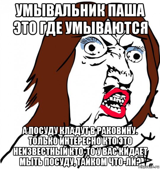 умывальник паша это где умываются а посуду кладут в раковину. только интересно кто это неизвестный кто-то у вас кидает мыть посуду, тайком что-ли?, Мем Ну почему (девушка)