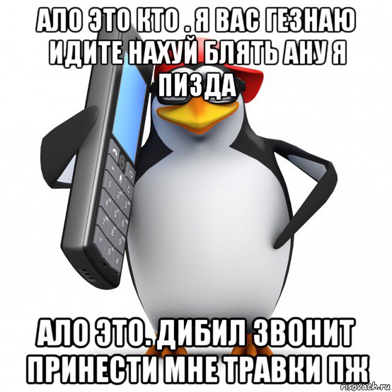 ало это кто . я вас гезнаю идите нахуй блять ану я пизда ало это. дибил звонит принести мне травки пж, Мем   Пингвин звонит