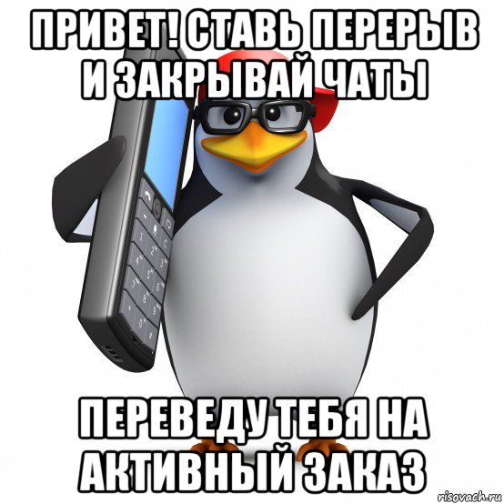 привет! ставь перерыв и закрывай чаты переведу тебя на активный заказ, Мем   Пингвин звонит