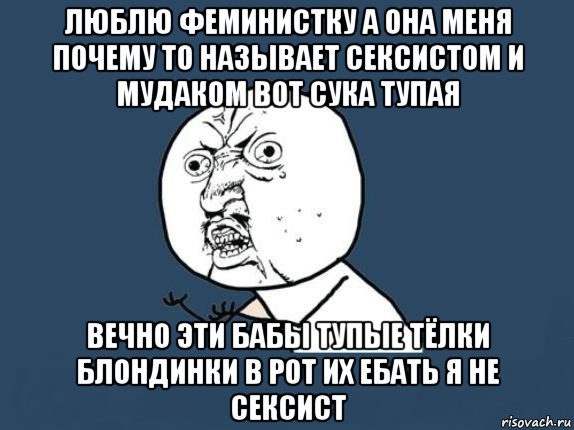 люблю феминистку а она меня почему то называет сексистом и мудаком вот сука тупая вечно эти бабы тупые тёлки блондинки в рот их ебать я не сексист