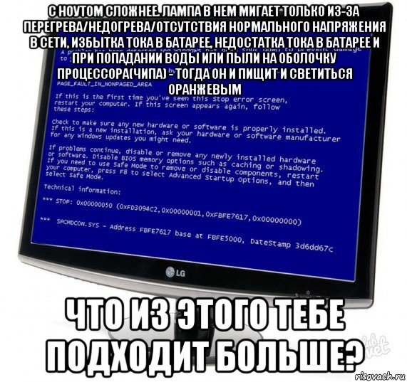 с ноутом сложнее. лампа в нем мигает только из-за перегрева/недогрева/отсутствия нормального напряжения в сети, избытка тока в батарее, недостатка тока в батарее и при попадании воды или пыли на оболочку процессора(чипа) - тогда он и пищит и светиться оранжевым что из этого тебе подходит больше?, Мем Синий экран смерти