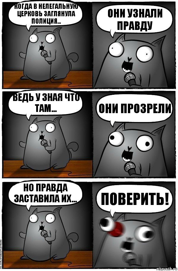 Когда в нелегальную церковь заглянула полиция... Они узнали правду Ведь у зная что там... Они прозрели Но правда заставила их... Поверить!, Комикс  Стендап-кот