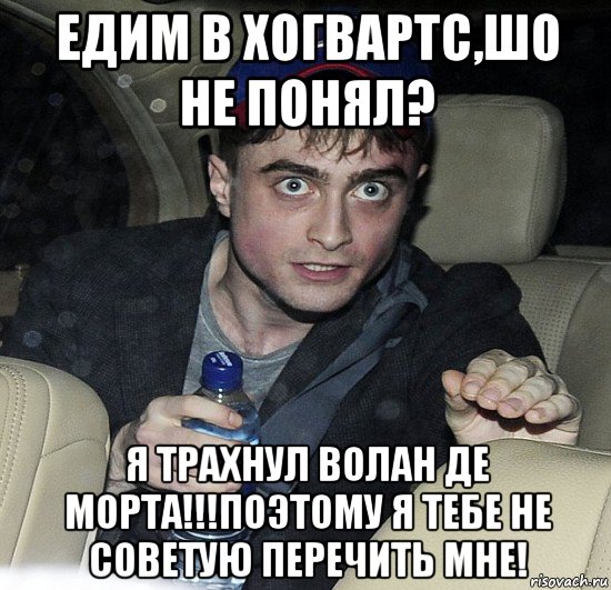 едим в хогвартс,шо не понял? я трахнул волан де морта!!!поэтому я тебе не советую перечить мне!, Мем Упоротый Гарри