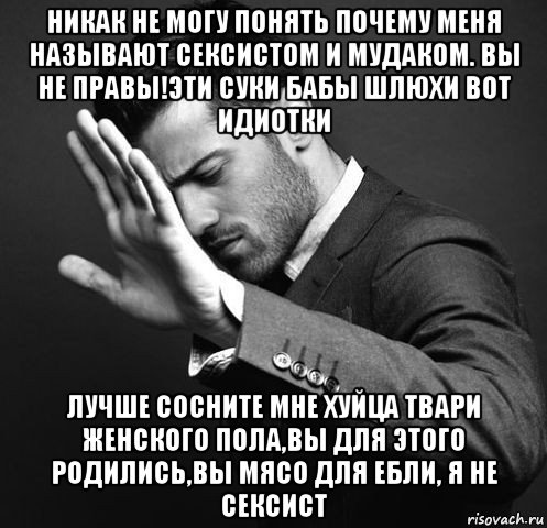никак не могу понять почему меня называют сексистом и мудаком. вы не правы!эти суки бабы шлюхи вот идиотки лучше сосните мне хуйца твари женского пола,вы для этого родились,вы мясо для ебли, я не сексист