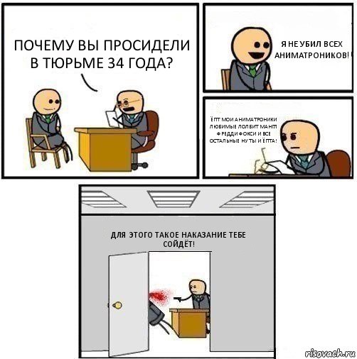 ПОЧЕМУ ВЫ ПРОСИДЕЛИ В ТЮРЬМЕ 34 ГОДА? Я НЕ УБИЛ ВСЕХ АНИМАТРОНИКОВ! ЁПТ МОИ АНИМАТРОНИКИ ЛЮБИМЫЕ ЛОЛБИТ МАНГЛ ФРЕДДИ ФОКСИ И ВСЕ ОСТАЛЬНЫЕ НУ ТЫ И ЁПТА! ДЛЯ ЭТОГО ТАКОЕ НАКАЗАНИЕ ТЕБЕ СОЙДЁТ!, Комикс   Не приняты