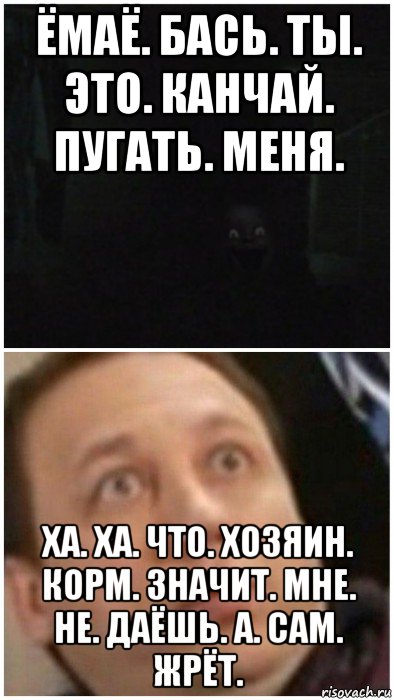 ёмаё. бась. ты. это. канчай. пугать. меня. ха. ха. что. хозяин. корм. значит. мне. не. даёшь. а. сам. жрёт., Мем Костя Воронин испугался