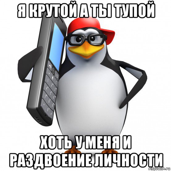 я крутой а ты тупой хоть у меня и раздвоение личности, Мем   Пингвин звонит