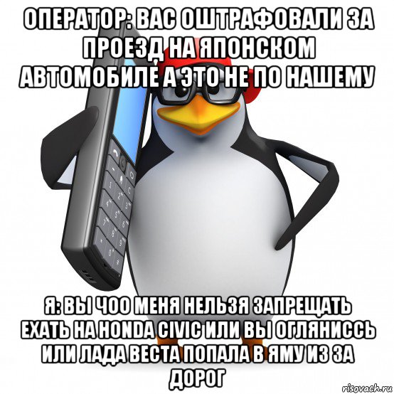 оператор: вас оштрафовали за проезд на японском автомобиле а это не по нашему я: вы чоо меня нельзя запрещать ехать на honda civic или вы огляниссь или лада веста попала в яму из за дорог, Мем   Пингвин звонит