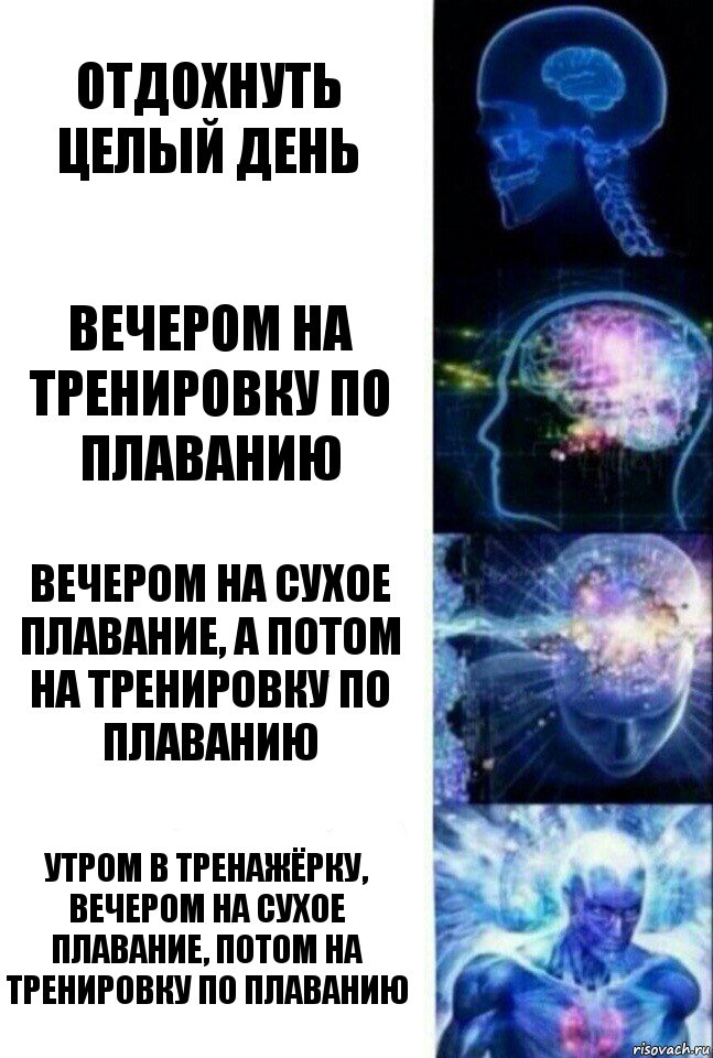 Отдохнуть целый день Вечером на тренировку по плаванию Вечером на сухое плавание, а потом на тренировку по плаванию Утром в тренажёрку, вечером на сухое плавание, потом на тренировку по плаванию, Комикс  Сверхразум