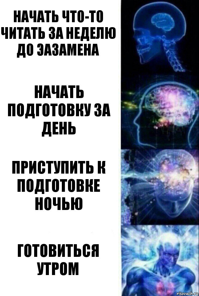 начать что-то читать за неделю до эазамена начать подготовку за день приступить к подготовке ночью готовиться утром, Комикс  Сверхразум