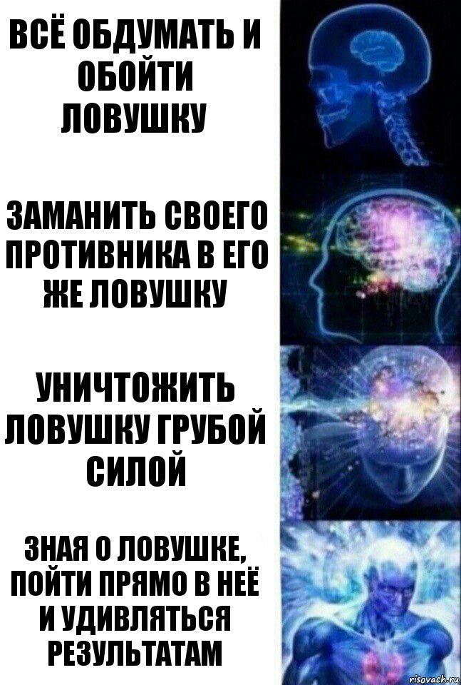 Всё обдумать и обойти ловушку Заманить своего противника в его же ловушку Уничтожить ловушку грубой силой Зная о ловушке, пойти прямо в неё и удивляться результатам, Комикс  Сверхразум