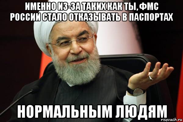 именно из-за таких как ты, фмс россии стало отказывать в паспортах нормальным людям, Мем 
