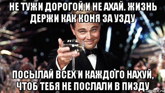 не тужи дорогой и не ахай. жизнь держи как коня за узду посылай всех и каждого нахуй, чтоб тебя не послали в пизду, Мем ДИ КАПРИО