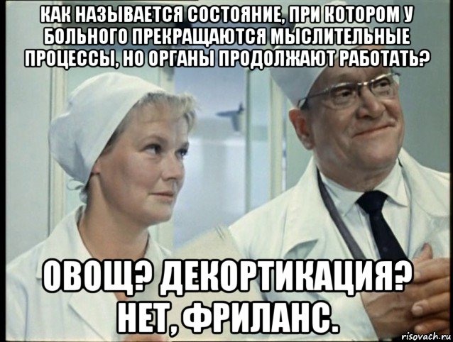 как называется состояние, при котором у больного прекращаются мыслительные процессы, но органы продолжают работать? овощ? декортикация? нет, фриланс.