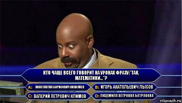 Кто чаще всего говорит на уроках фразу:"Так, математики..."? Константин Борисович Николаев Игорь Анатольевич Лысов Валерий Петрович Климов Людмила Петровна Батракова