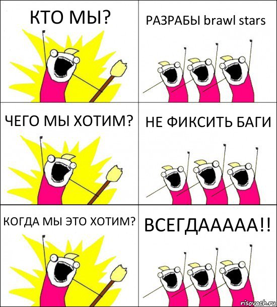 КТО МЫ? РАЗРАБЫ brawl stars ЧЕГО МЫ ХОТИМ? НЕ ФИКСИТЬ БАГИ КОГДА МЫ ЭТО ХОТИМ? ВСЕГДААААА!!, Комикс кто мы