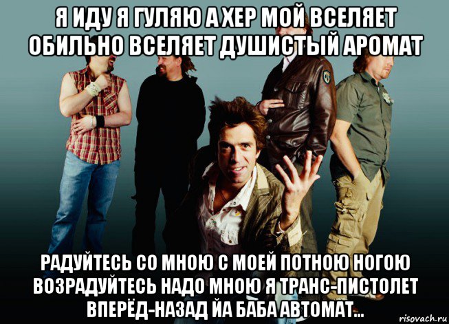 я иду я гуляю а хер мой вселяет обильно вселяет душистый аромат радуйтесь со мною с моей потною ногою возрадуйтесь надо мною я транс-пистолет вперёд-назад йа баба автомат..., Мем Максим Покровский