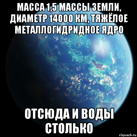 масса 1,5 массы земли, диаметр 14000 км, тяжёлое металлогидридное ядро отсюда и воды столько, Мем Планета на которую хочет Cara Delevingne